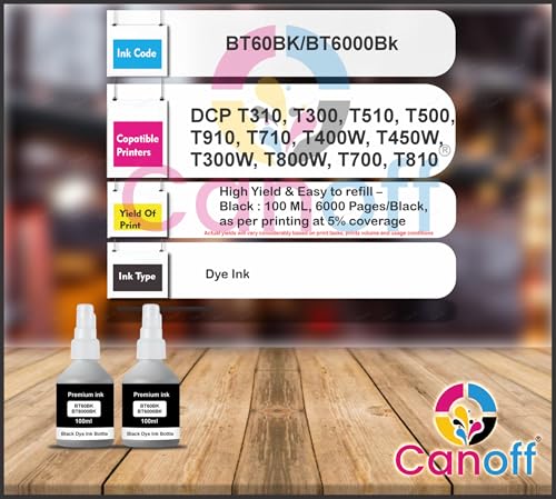 Image of CANOFF BT6000BK Black Ink Bottle (100ml) | High Yield Compatible Ink for DCP-T310,T300,T510,T500,T910,T710,T400W,T450W,T300W,T800W,T700,T810 Ink Tank Printers (BT600BK /BT60BK Black 2pc.)