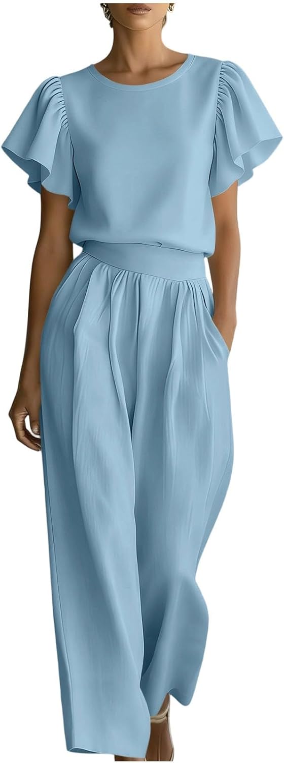 Xiaojmake Womens Wide Leg Pants Sets Summer 2 Piece Outfits Ruffle Sleeve Crew Neck Lounge Set Dressy Airplane Travel Clothes