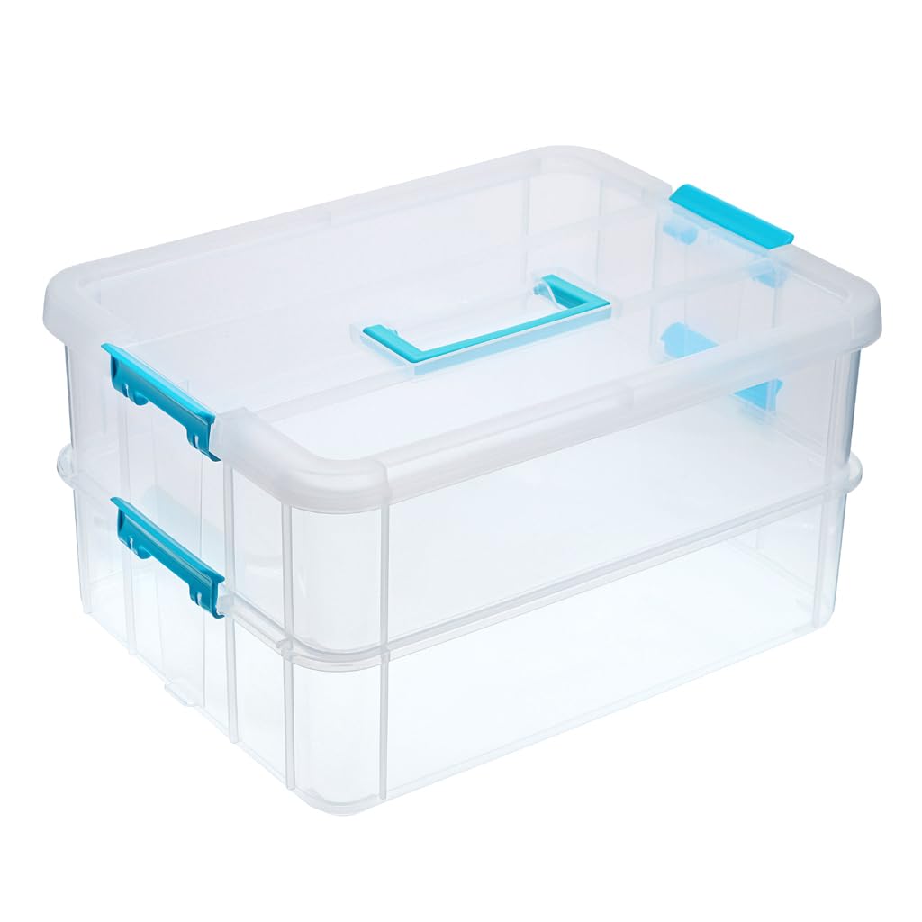 IGNPION 2-Tier Stackable Storage Box Clear Art & Craft Storage Containers with Carry Handle, Mulit Purpose Storage Organiser Box for Nail Varnish,Teaching Aid, Sewing Accessories, Dlue