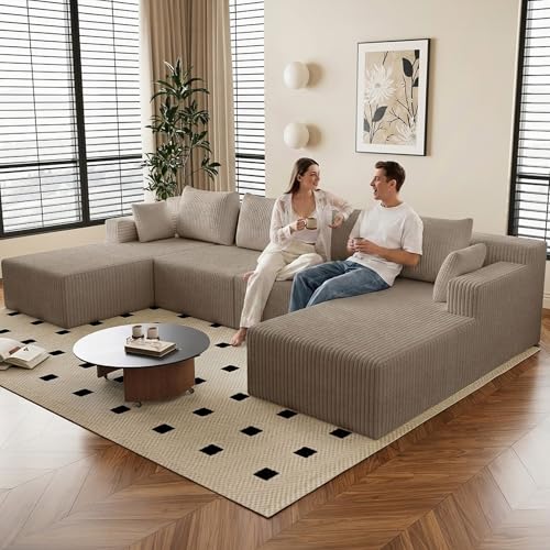 Image of 142 inch U-Shape Cloud Couch, Modern Modular Sectional U-Shape Sofa, Corduroy Boneless Couch Upholstered Couches Deep Seat Sleeper Chaise Longue for Living Room, No Assembly Required,Camel
