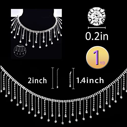 Jmzothie Rhinestone Ribbon Tassel Chain -Rhinestone Fringe Trim- Clear Crystal Rhinestone Cup Chain- Silver Crystal Rhinestone Chain Trim For Wedding Party Necklace Diy Decoration （1 Yard 36In) #TOP1