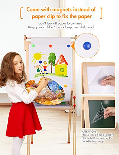Yohoolyo Kids Easel Wooden Children Art Easel Paper Roll,Double Sided Magnetic Whiteboard Chalkboard Dry Eraser Adjustable Height For Boys Girls Gifts #TOP4