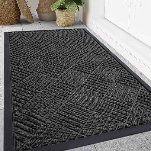 Smiry Front Door Mat Outside Entrance, Heavy Duty Outdoor Indoor Natural Rubber Doormat, Non Slip, Trap Dirt and Moisture, Easy Clean, Low Profile Patio Porch Entryway Mat, 71x47, Black