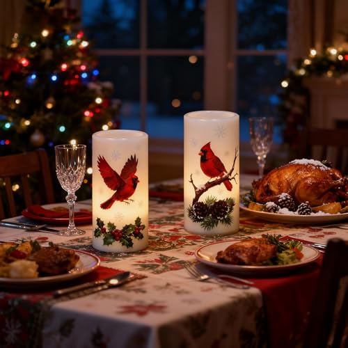 Image of Eldnacele Christmas Cardinal Flameless Candles Battery Operated with Remote and Timer Real Wax Flickering LED Pillar Candles Winter Holiday Indoor Decor(2 Pack, 3 inch D x 6 inch H)