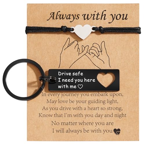 VULETO Drive Safe Heart Matching Couples Keychain I Need You Here With Me Bracelet Set Valentines Christmas Anniversary Jewelry Gifts for Him Boyfriend Husband