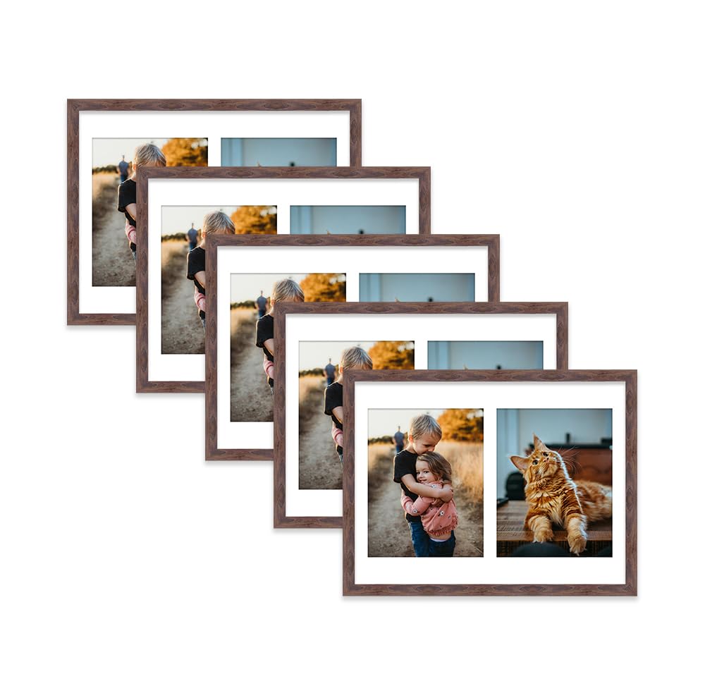 Walnut Multi Photo Frame - Holds 2 x 9x7 Pictures, Family Collage Picture Frame for Wall Display, 16x12 Frame size, Set of 5