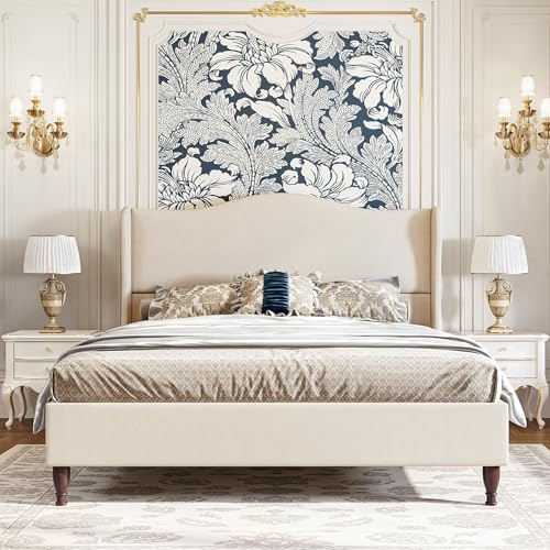 koorlian Queen Size Bed Frame Upholstered Platform Bed with 51' Tall Headboard Wingback, Soft Fabric, Retro Simple Style Platform Bed No Box Spring Needed, Easy Assembly, Beige