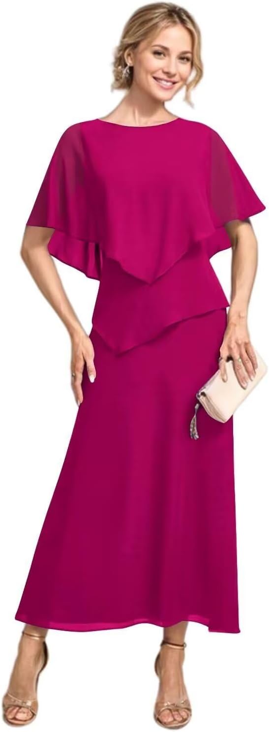 Tea Length Mother of The Bride Dresses for Wedding Chiffon A Line Formal Evening Dresses with Sleeve