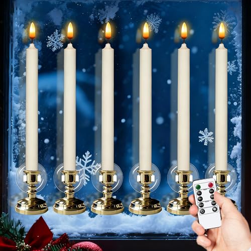 Image of Christmas Flameless Taper Candles with Remote Timer, Dimmer, Ivory Battery Operated LED Window Candle with Gold Base, Real Wax CandleSticks for Home Seasonal Decorations(6 Pack)