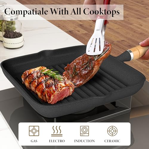 Griddle Pan 22cm/8.7" Cast Iron Grill Pan, Stripes Frying Steak Pan with Pour Spouts Suitable for All Hobs & Induction for Breakfast Home Kitchen Party Gathering - Image 6