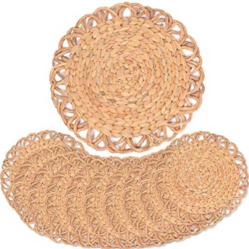 Image of Round Woven Placemats Set of 10, Water Hyacinth Round Placemats, Plate Chargers for Dinner Plates, Individuales para Mesa De Comedor, Thanksgiving Christmas Rattan Charger Plates 13.4 in