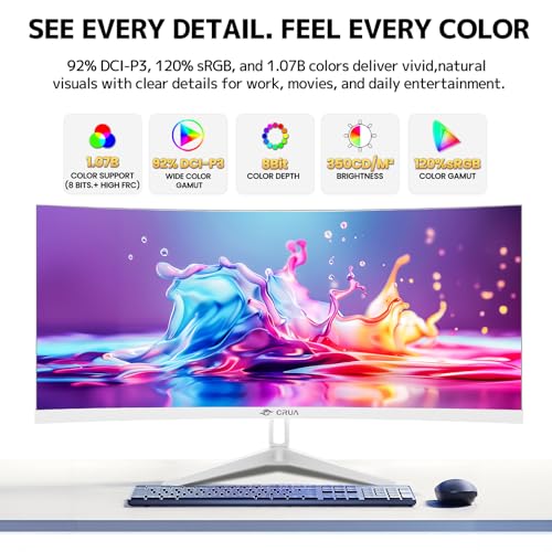 Image of CRUA 34 Inch 21:9 UWQHD 100Hz IPS Ultrawide Curved Monitor, Speakers, White | 120% sRGB, 92% DCI-P3, 1.07B Colors, FreeSync, Blue Light, 3800R, HDMI 2.0, DP 1.4, 100x100 Mount, Office, Editing, Design PC