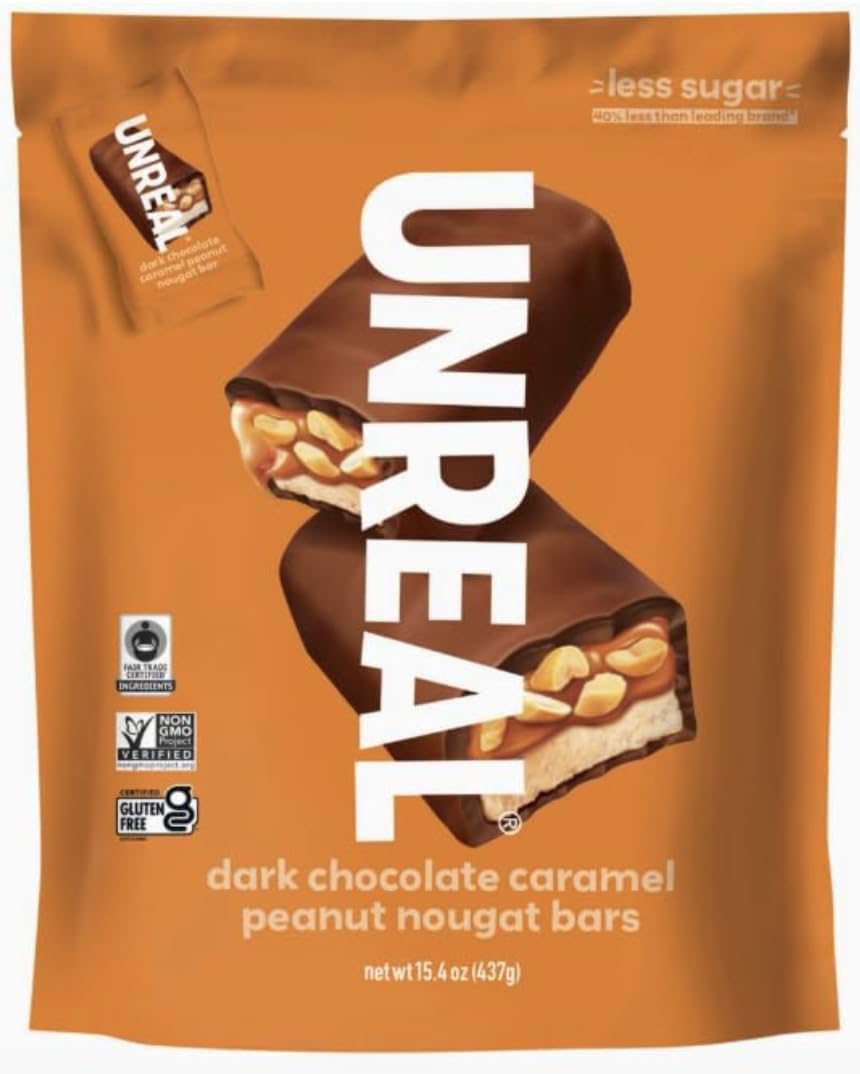UNREAL Dark Chocolate Caramel Peanut Nougat Bars – 15.4 oz (437g) Bag – Gluten-Free, Non-GMO, 40% Less Sugar, Individually Wrapped