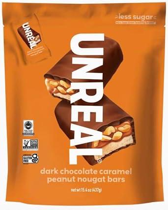 UNREAL Dark Chocolate Caramel Peanut Nougat Bars 15.4 oz 437g Bag Gluten-Free, Non-GMO, 40% Less Sugar, Individually Wrapped