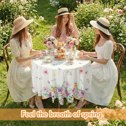 Image of Ganeen 6 Pcs Spring Wildflower Plastic Tablecloth 84 Inch Spring Round Tablecloths Floral Theme Birthday Decor Disposable Plastic Waterproof Table Covers for Holiday Wedding Decoration Party Favor