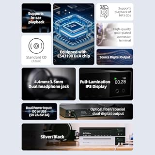 SMSL PL150 - Lettore CD CS43198 ad alta potenza, chip decoder mini, con uscita cuffie RCA 3,5 mm e 4,4 mm, ottica/coassiale, per veicolo/laptop/TV/PC, amplificatore