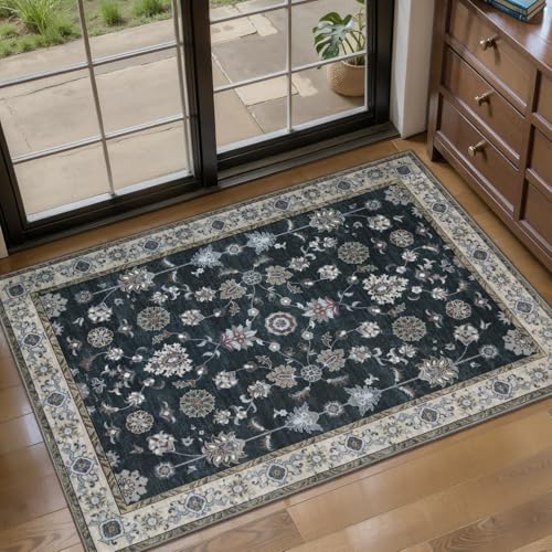 Image of Tangsoo Black 2x3 Washable Rugs for Entryway, Vintage Non Slip Small Rug
