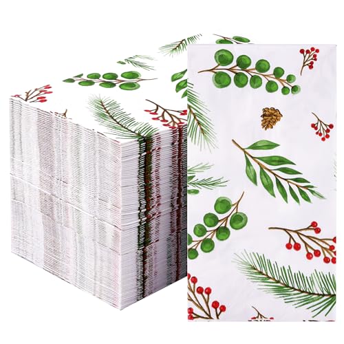 100 Christmas Paper Towels Holiday Disposable Napkins, 3 Ply Holly Mistletoe Berries Greenery Guest Hand Towels for Xmas Holiday Party Home Dinner Kitchen Bathroom Powder Room