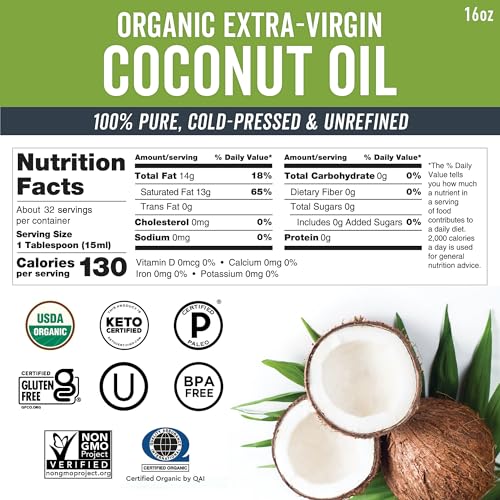 Viva Naturals Organic Coconut Oil, Cold-Pressed - Natural Hair Oil, Skin Oil and Cooking Oil with Fresh Flavor, Non-GMO Unrefined Extra Virgin Coconut Oil (Aceite de Coco), USDA Organic, 16 oz