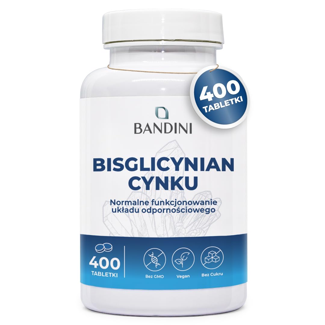 Bandini® Zinc Bisglycinate 400 tabletek (zapas na 13 miesięcy), wysokodawkowy wegański suplement diety, czysty cynk dla skóry, włosów, paznokci, wzroku i układu odpornościowego, wysoce przyswajalny