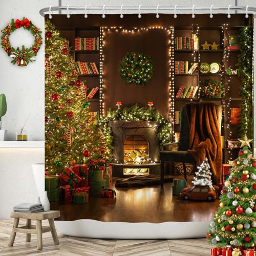 SDOTPMT 180x243cm Merry Christmas Shower Curtain Christmas Tree Fireplace Gift Bath Curtain Vintage Book Shelf Winter Holiday Pine Tree Leaf Curtain for Kids Bathroom Fabric Polyester with Hooks - Image 2