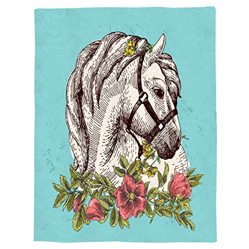 Fleece Blanket And Microfiber Soft Bed Throws Blanket 39×49Inch Bohemian White Horse For Sofa Couch Decorative All Season Warm Living Room/Bedroom Lightweight Blankets #TOP4