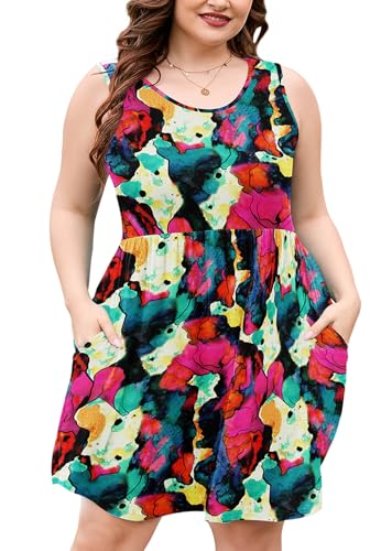 Image of AusLook Plus Size Summer Tank Dress for Women Casual Sleeveless Crewneck Pleated Babydoll Swing Sundresses with Pockets 1X-5X