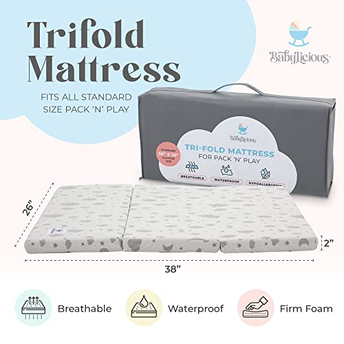 Waterproof Pack And Play Mattress Topper - 38" X 26" - Trifold Style - Breathable Soft Bamboo - Portable Trifold Playard Mattress Topper- Baby Foam Playpen Mattresses For Babies By Babylicious #TOP2
