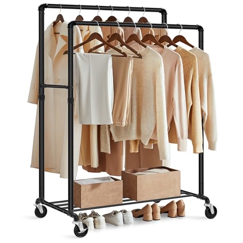 SONGMICS Portant à Vêtements à Roulettes, Porte-manteaux, Penderie, Charge 110 kg, avec Double Tringle et Étagère de Rangement, Style Industriel, pour Chambre, Buanderie, Noir HSR60B