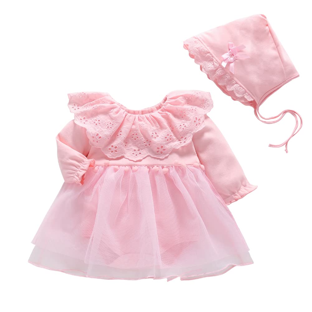Toddler Baby Girl Long Sleeve Fall Dress Flower Lace Wedding First Birthday Baptism Christening Dresses with Hat Outfit