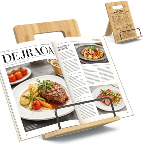 Support de livre de recettes en bois sur le comptoir pour cuisiner sereinement de bons petits plats