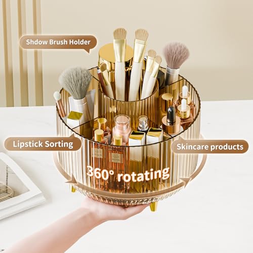 Image of fanado 360 Rotate Makeup Brush Holder Organizer, Makeup Organizers Countertop, Makeup organization and Skincare Storage for Vanity, Desktop, Bathroom (Clear Amber)