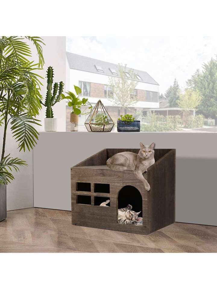 Sabri SHOPEE Wooden Cat House, Brown - Image 7