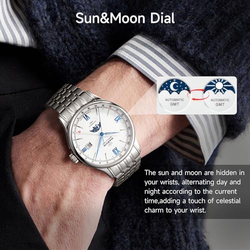 marvin Automatic GMT Men's Watch Swiss Movement Mechanical Luxury Watches for Men with Stainless Steel Strap,Sapphire Glass Dial,Luminous Hands and Hour Markers,50m Waterproof2