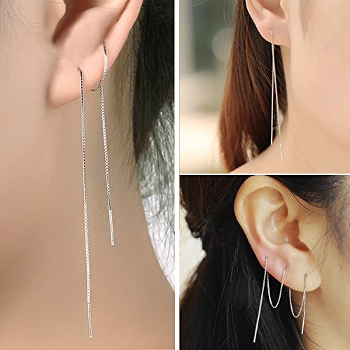 A Pair 925 Sterling Silver Tassel Threader Drop Earrings Long Chain Ear Line #TOP2
