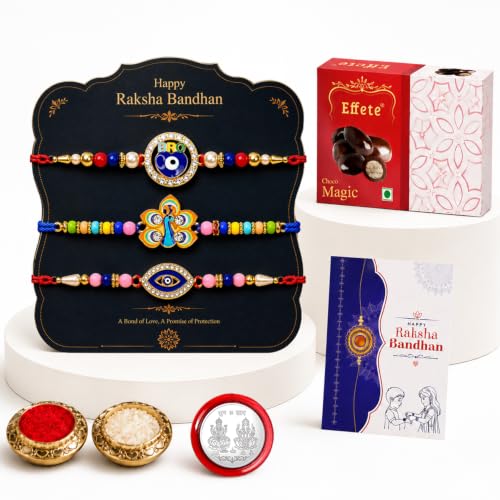 Oblivion Rakhi with Chocolate for Brother – BRO Charm, Peacock & Evil Eye Design Rakhi Combo with Chocolate Magic 32gm, Silver Color Pooja Coin, Greet
