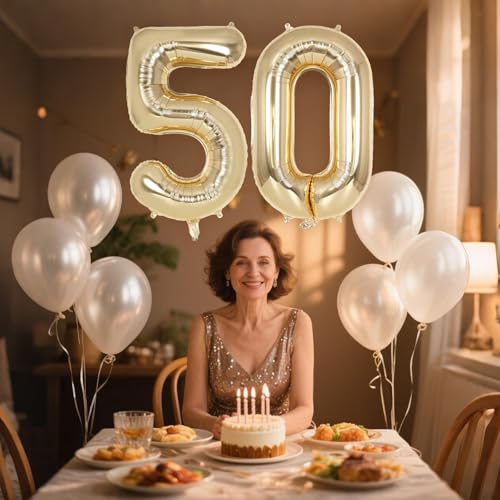 Image of Champagne Gold Large Number 50 Balloon, 40 Inch Light Gold Foil Helium Number Balloons, Giant Mylar Number 50 Balloons for 50 Years Old Birthday Party Anniversary Decorations (Champagne Gold 50)
