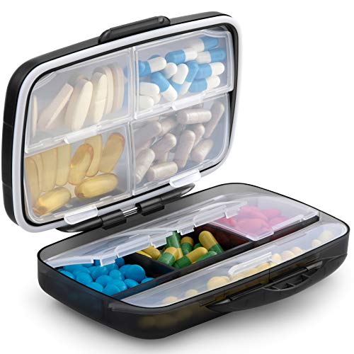 Travel Pill Organizer Large Portable Medication Organizer, Fullicon Oversize 8 Compartment Pill Box, Vitamin Travel Case Pill Holder - Airtight & Moistureproof (Black)