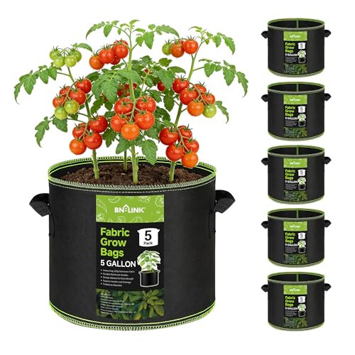 BN-LINK 5-Pack 5 Gallon Grow Bags, Heavy Duty Aeration Fabric Pots with Handles, Thickened Nonwoven Plant Bags for Vegetables, Flowers, Fruits