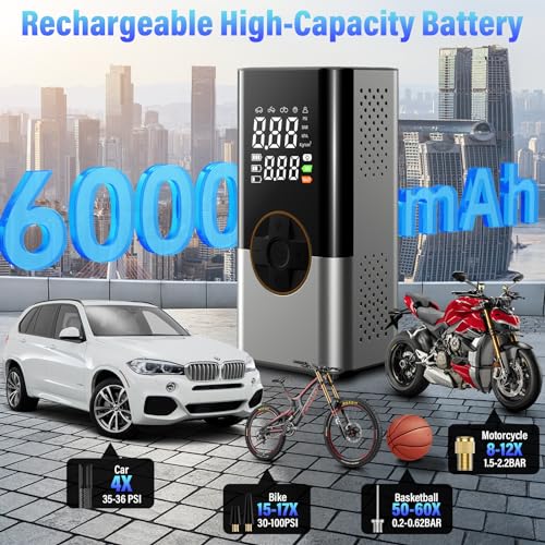 6000mAh Mini Draagbare Luchtcompressor, 150PSI Elektrische Inflator Met Digitaal LCD-Scherm,Oplaadbare Batterij,Automatische Uitschakeling,4 Verschillende Mondstukken Voor Auto,Moto,Fietsen En Ballen - Afbeelding 4