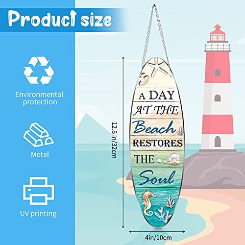 Metal Surfboard Sign Decor A Day At The Beach Restores The Soul Plaque Hanging Beach Decor for Wall and Door Outside Decor , 4 x 12.6 Inch