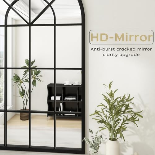 Image of Dewfig Arched Wall Mirror, 42 inchx30 inch Metal Frame Windowpane Mirror, Black