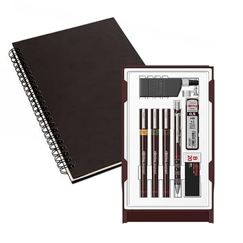 rOtring Isograph Stifte-Set, technischer Stift und Bleistift, College-Set S0699370, 3 Stifte (0,20 mm, 0,30 mm, 0,50 mm) und Druckbleistift (0,5 mm), Zubehör mit Notizbuch
