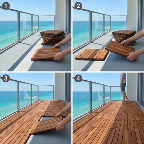 Bare Decor EZ-Floor Interlocking Flooring Tiles in Solid Teak Wood Oiled Finish (Set of 10), Long 9 Slat