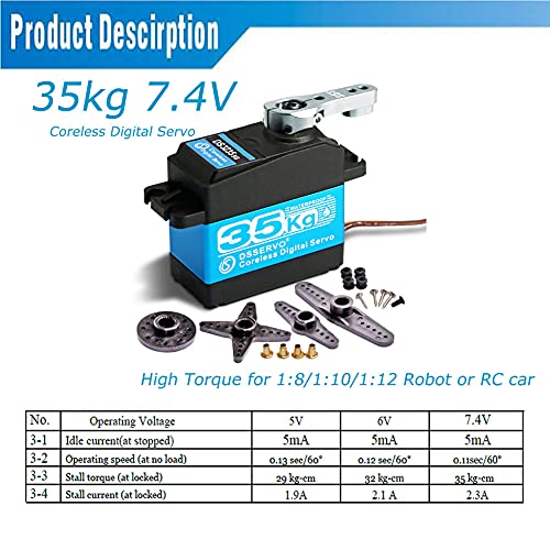 ANNIMOS 35KG Coreless Digital Servo Motor HV 7.4V Stainless Steel Gear High Torque Waterproof Standard Baja Servos for Robotic DIY RC Cars - 270 Degrees by ANNIMOS - Image 4