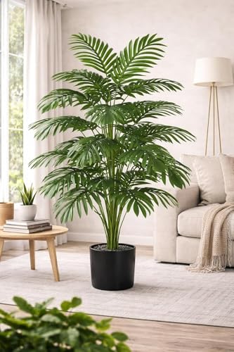 Image of Artificial Areca Palm Plant with Black Pot - 145 cm Tall Faux Tropical Decorative Plant with 35 Leaves for Home, Office & Living Room Decor