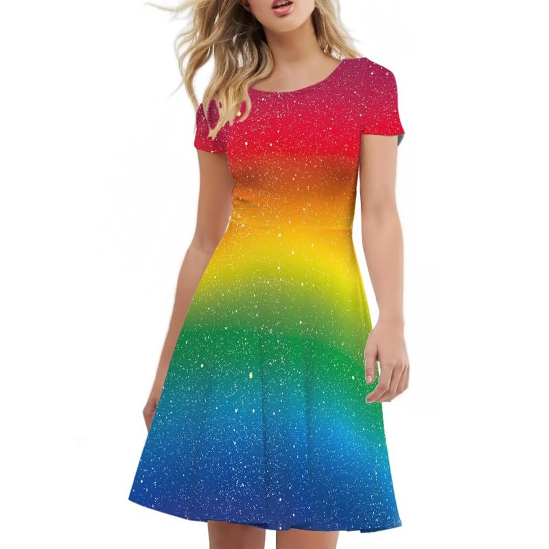 Image of Irisjudy T Shirt Dress for Women Short Sleeve Girls Short Sleeve Dress Plus Size, O Neck Knee Length Midi Dress for Ladies