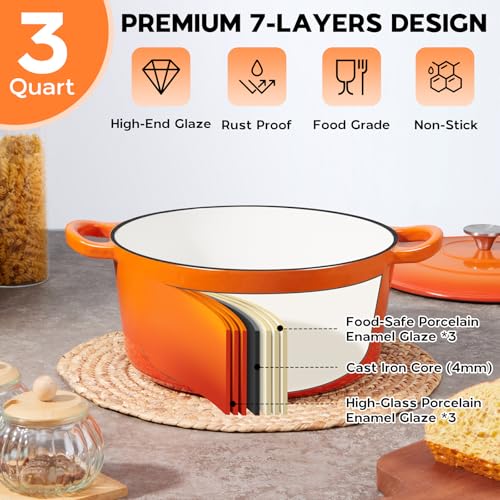 Onader 3QT Cast Iron Dutch Oven Pot with Lid, Round Dutch Oven for Sourdough Bread Baking, Small Enameled Heavy Duty Cookware - Orange