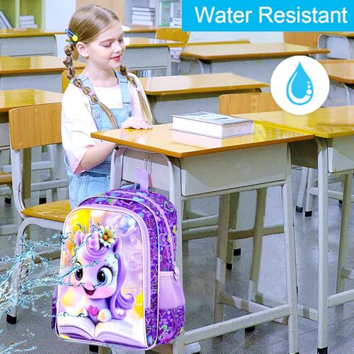 Image of CCJPX 3Pcs Unicorn Backpack, 16 inch Kids Girls Bookbag with Lunch Box, Water Resistant Elementary School Bag for Kindergarten Preschool Toddler (Purple)