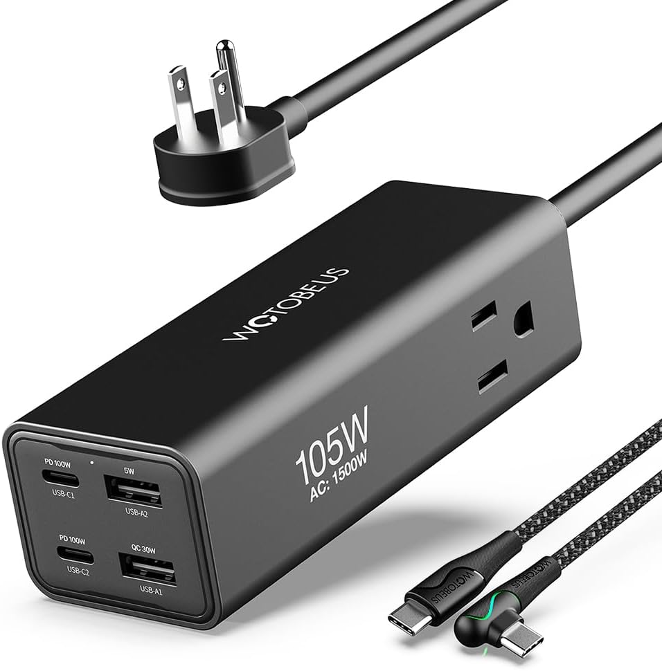 WOTOBEUS GaN 105W USB-C Charging Station with 2 AC Outlets 1500W – Dual 100W PD3.0, PPS 45W, 6-in-1 Laptop Desktop Power Adapter & Surge Protector Power Strip for iPhone, MacBook, iPad, Galaxy, Pixel